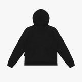 Flat-lay back view of the black hoodie, highlighting the clean design with a hood