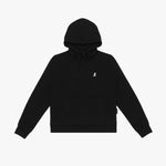 Flat-lay front view of the black hoodie, featuring a drawstring hood and embroidered dog logo