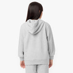 Back view of a child wearing the gray hoodie, showcasing the hood and clean design