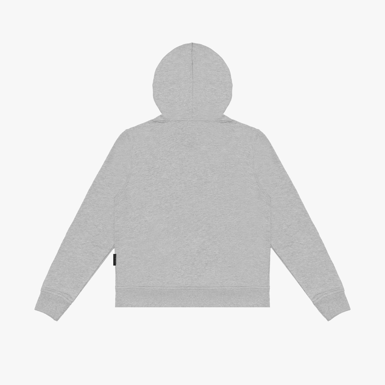 Flat-lay back view of the gray hoodie, showcasing its minimalist design and hood.