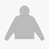 Flat-lay back view of the gray hoodie, showcasing its minimalist design and hood.