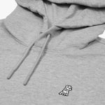 Close-up of the hood and drawstrings of the gray hoodie, focusing on the texture and clean details