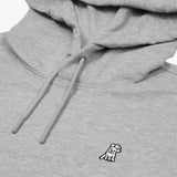 Close-up of the hood and drawstrings of the gray hoodie, focusing on the texture and clean details