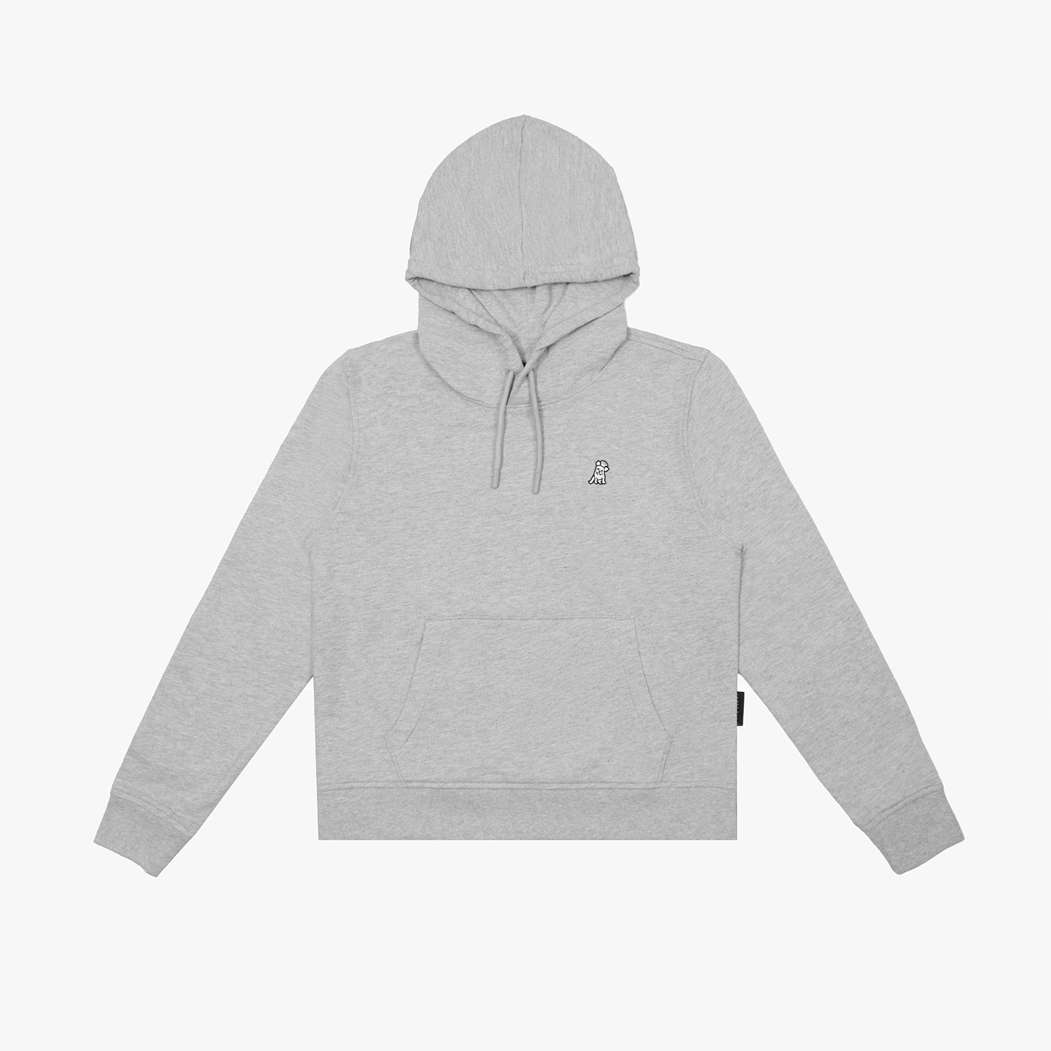 Flat-lay front view of the gray hoodie, featuring a drawstring hood and small embroidered dog logo.