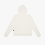 Flat-lay back view of the cream-colored hoodie, highlighting the clean design with a hood.