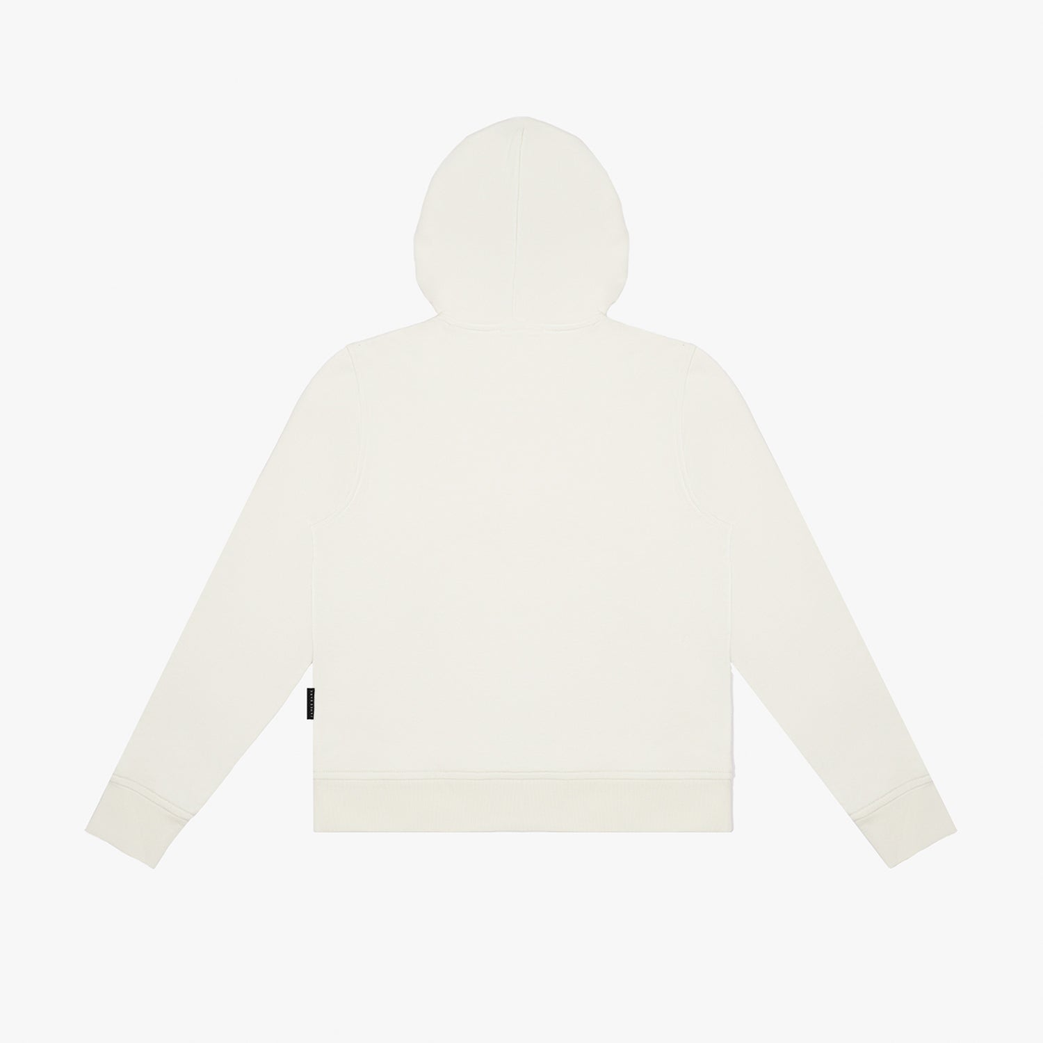 Flat-lay back view of the cream-colored hoodie, highlighting the clean design with a hood.