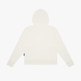 Flat-lay back view of the cream-colored hoodie, highlighting the clean design with a hood.