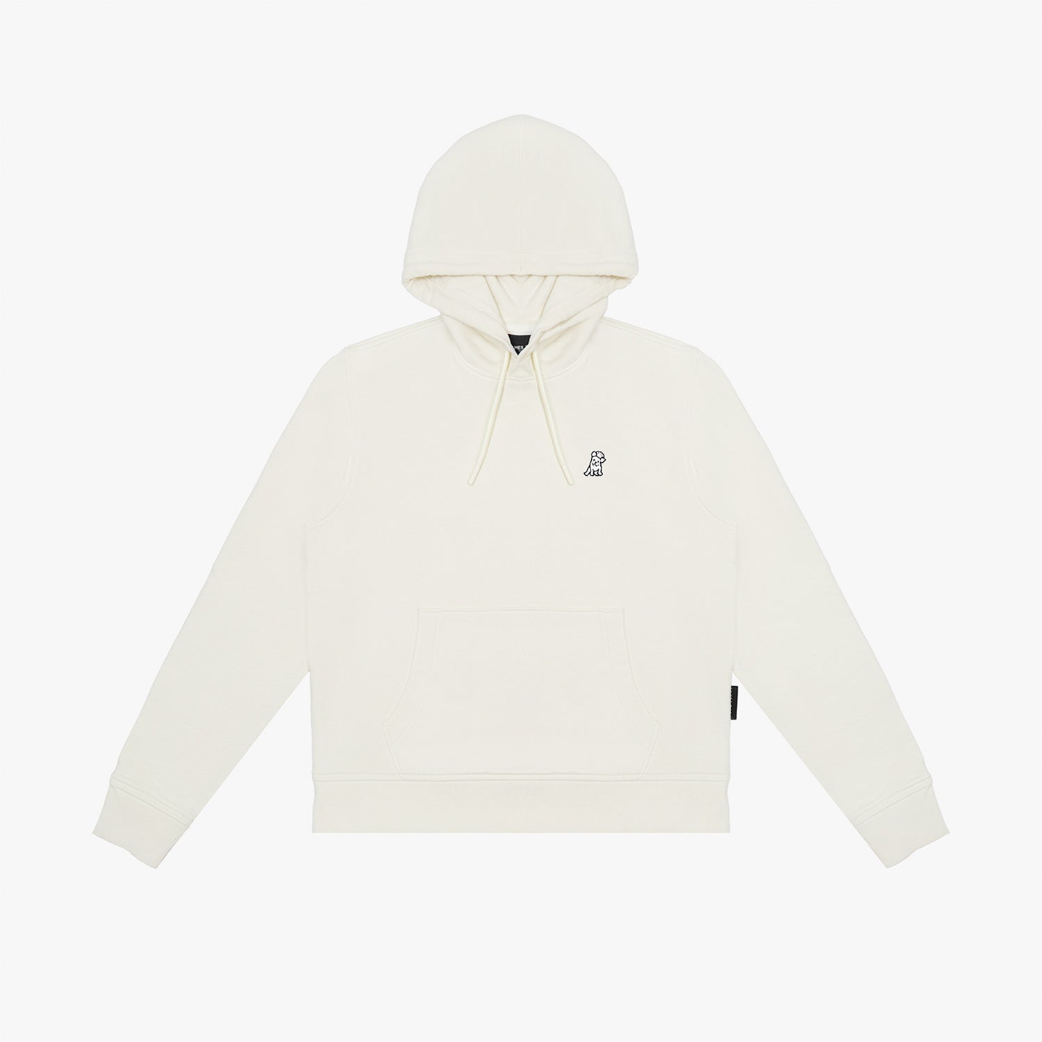 Flat-lay front view of the cream-colored hoodie featuring a drawstring hood and embroidered dog logo.