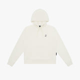 Flat-lay front view of the cream-colored hoodie featuring a drawstring hood and embroidered dog logo.