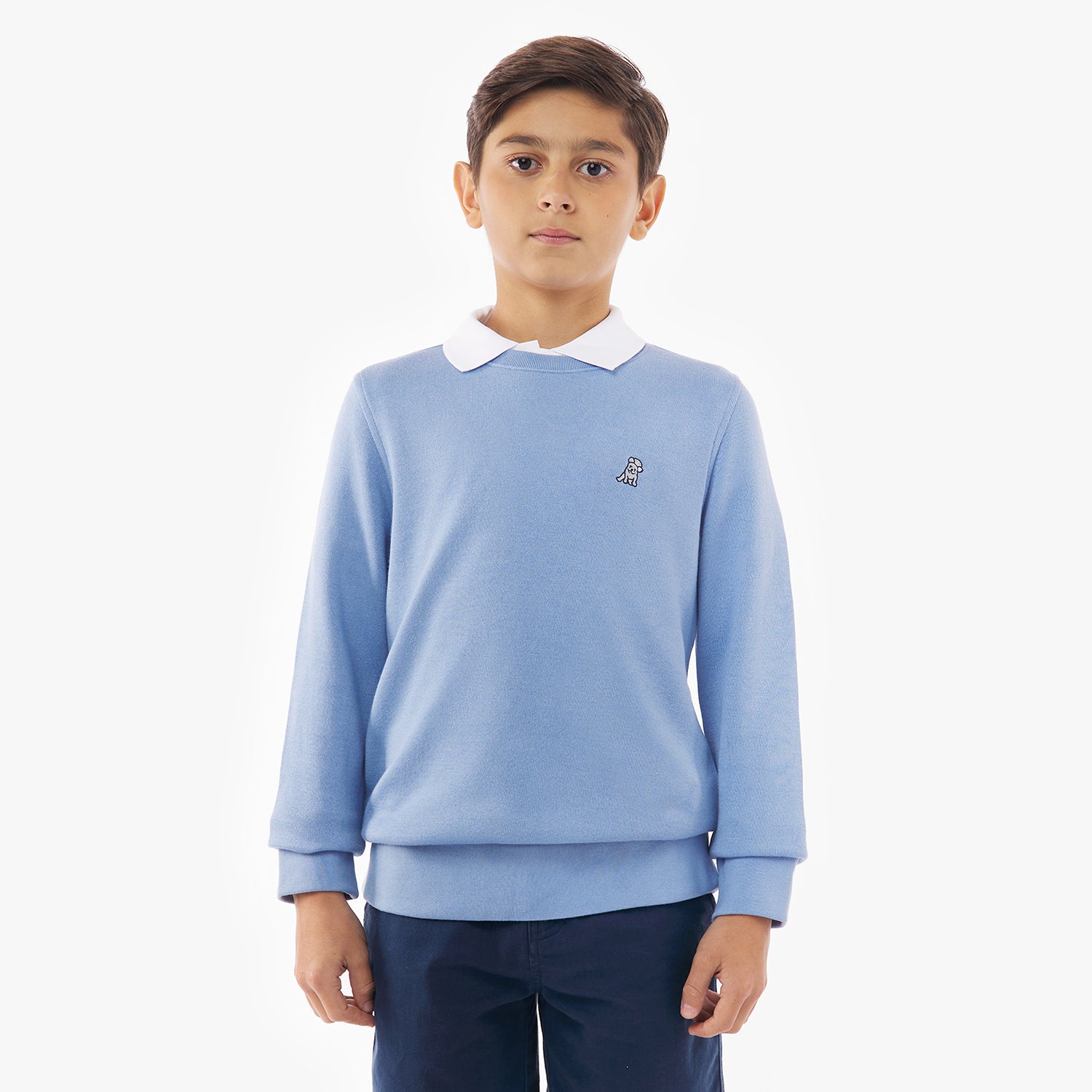 A young boy standing straight, facing forward, wearing a light blue sweatshirt with a white collared shirt underneath and navy blue shorts. His expression is neutral, and the background is plain white.