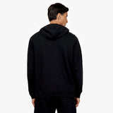 Back view of a man wearing a black hoodie with a plain design and a hood, paired with matching black sweatpants. The outfit is displayed against a plain white background." Let me know if you'd like any changes