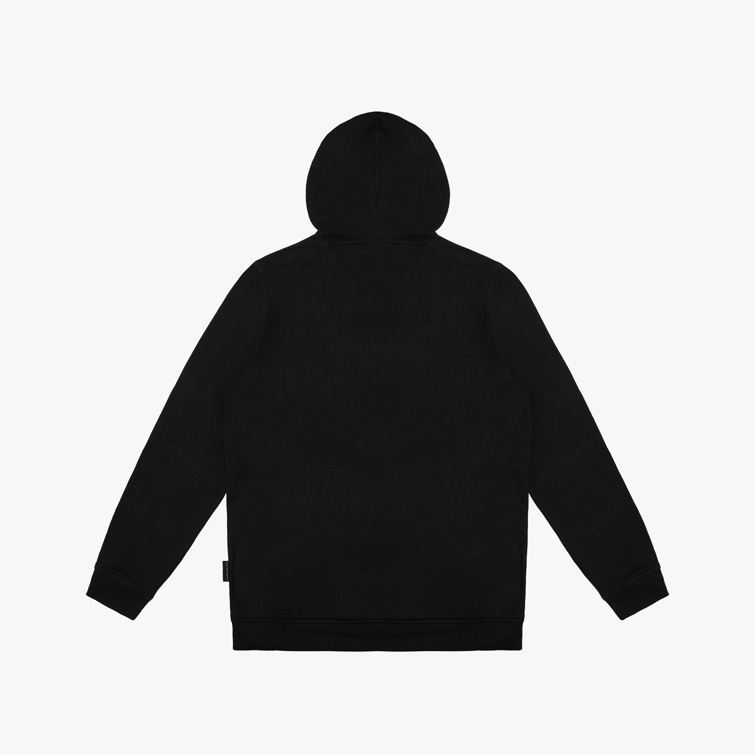 Flat-lay back view of a black hoodie, showcasing a minimalist design with a hood and long sleeves