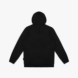 Flat-lay back view of a black hoodie, showcasing a minimalist design with a hood and long sleeves