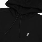 Close-up of the chest area of the black hoodie, featuring an embroidered dog logo and drawstrings