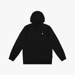 Flat-lay front view of a black hoodie, with a subtle embroidered logo on the chest and a drawstring hood