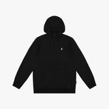 Flat-lay front view of a black hoodie, with a subtle embroidered logo on the chest and a drawstring hood