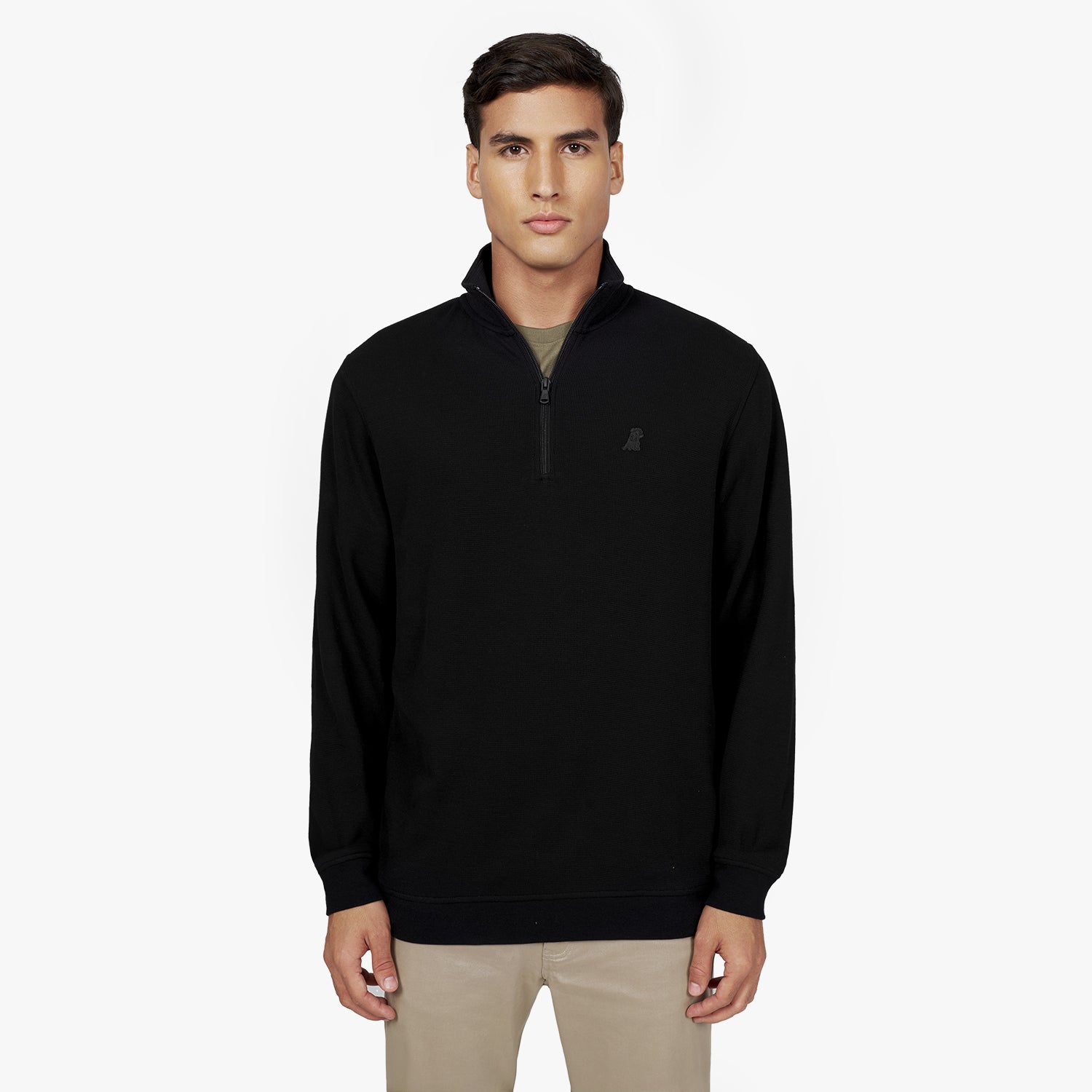 Man wearing a black half-zip sweatshirt with a subtle embroidered dog logo on the left chest. The sweatshirt has a minimalist design and is paired with beige pants. The model has a neutral expression against a plain white background