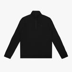 Black long-sleeve quarter-zip pullover with a minimalist design. Features a high collar, a concealed zipper, and a subtle embroidered dog logo on the chest for a sleek, monochromatic look.