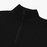 Close-up of a black quarter-zip pullover featuring a high collar and a black zipper. The pullover has a subtle embroidered dog logo on the chest, blending seamlessly with the monochromatic design