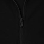 Extreme close-up of a black quarter-zip pullover's zipper. The black zipper pull features a small embossed dog logo, blending seamlessly with the textured fabric.