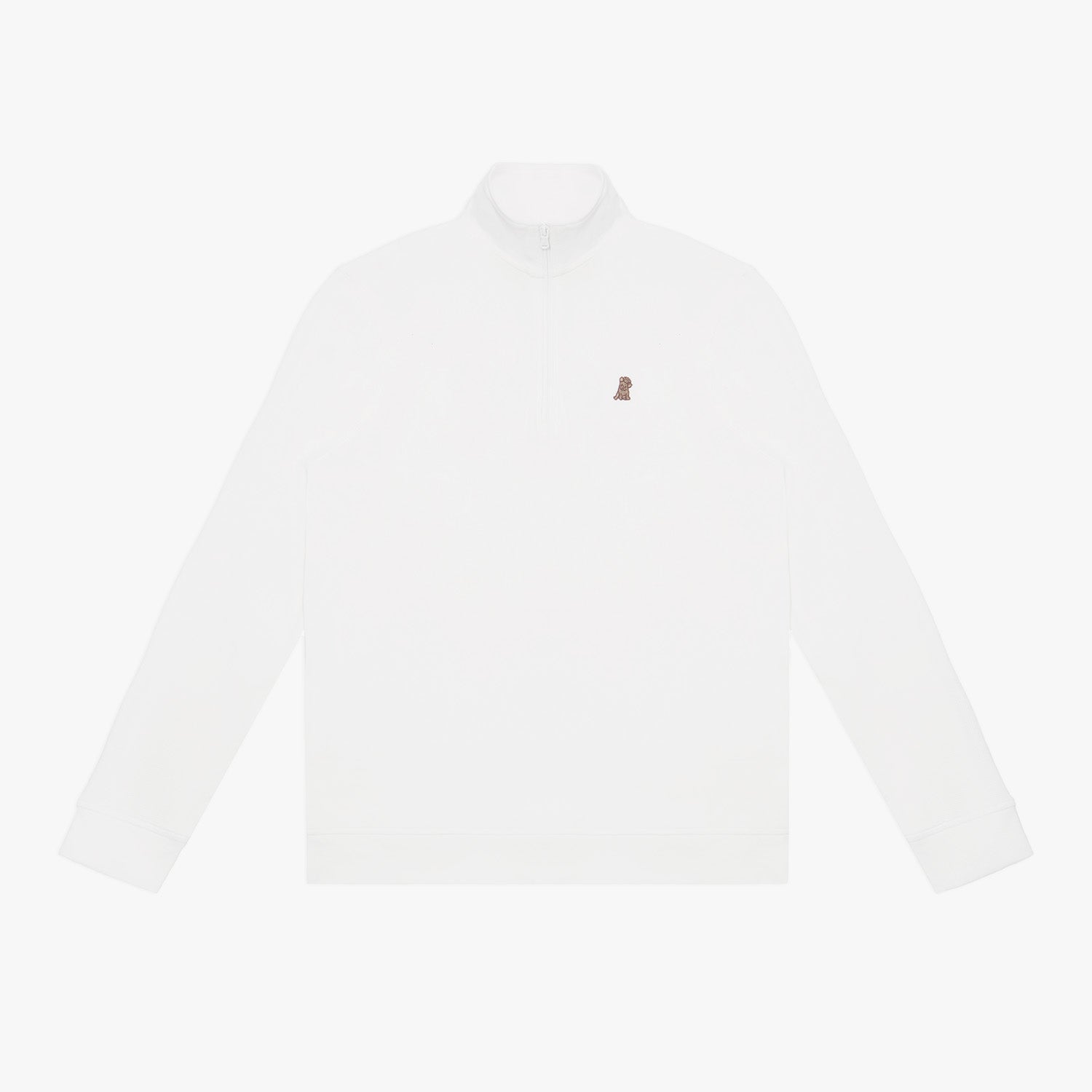 White long-sleeve quarter-zip pullover with a minimalist design. Features a high collar, a subtle embroidered dog logo on the chest, and ribbed cuffs for a comfortable fit