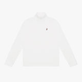 White long-sleeve quarter-zip pullover with a minimalist design. Features a high collar, a subtle embroidered dog logo on the chest, and ribbed cuffs for a comfortable fit