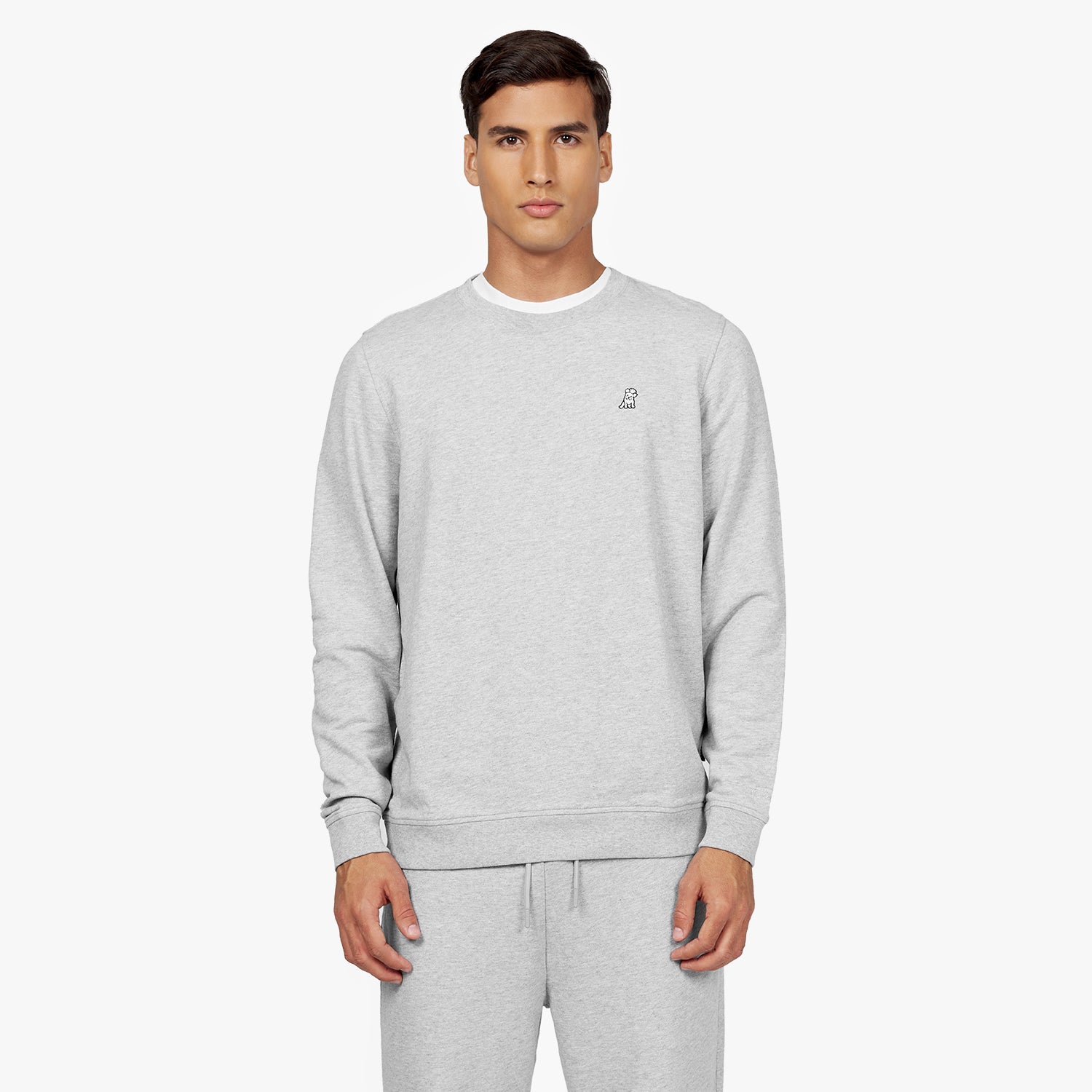 Front-facing view of a man wearing a light gray crewneck sweatshirt with an embroidered dog logo on the chest, paired with matching light gray sweatpants. The outfit conveys a simple and cozy casual style