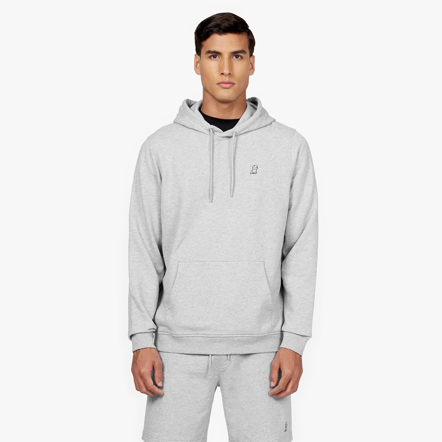 Front view of a man wearing a light gray hoodie featuring a kangaroo pocket, drawstring, and a small embroidered dog logo on the chest. The outfit is paired with matching light gray jogger-style sweatpants. The man is standing against a plain white background." Let me know if you'd like any changes