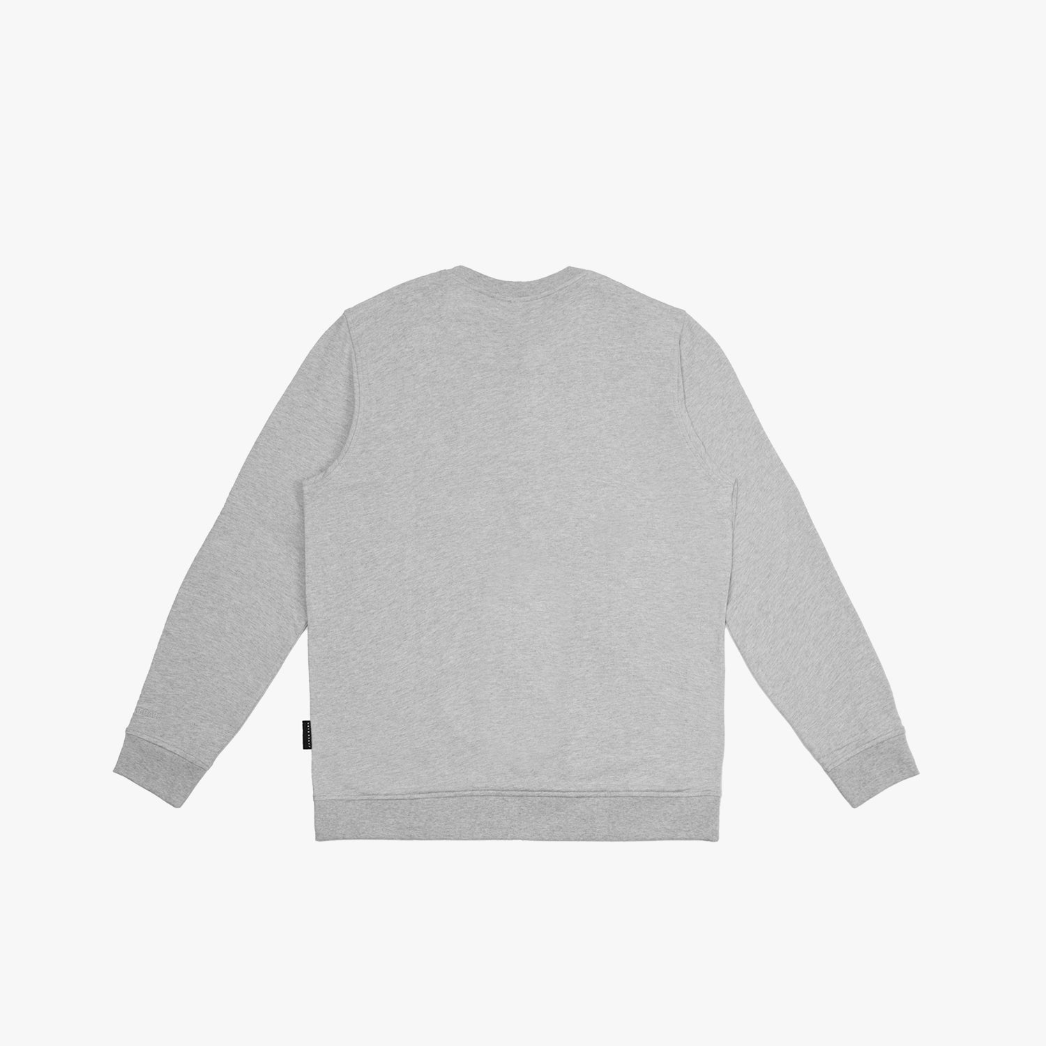 Flat-lay back view of a gray sweatshirt, showcasing a clean and minimalist design with long sleeves