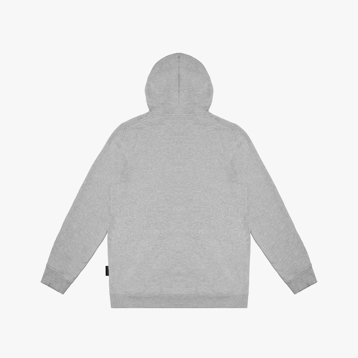 Flat-lay back view of a gray hoodie, showcasing a minimalist design with a hood and long sleeves