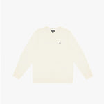 Flat-lay front view of a cream-colored sweatshirt, featuring a small embroidered dog logo on the chest