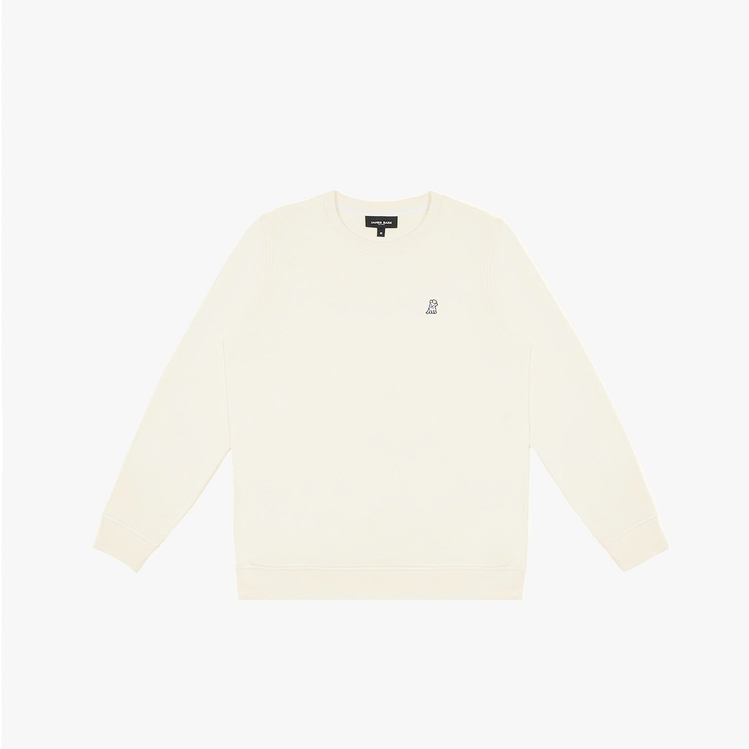 Flat-lay front view of a cream-colored sweatshirt, featuring a small embroidered dog logo on the chest