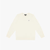 Flat-lay front view of a cream-colored sweatshirt, featuring a small embroidered dog logo on the chest