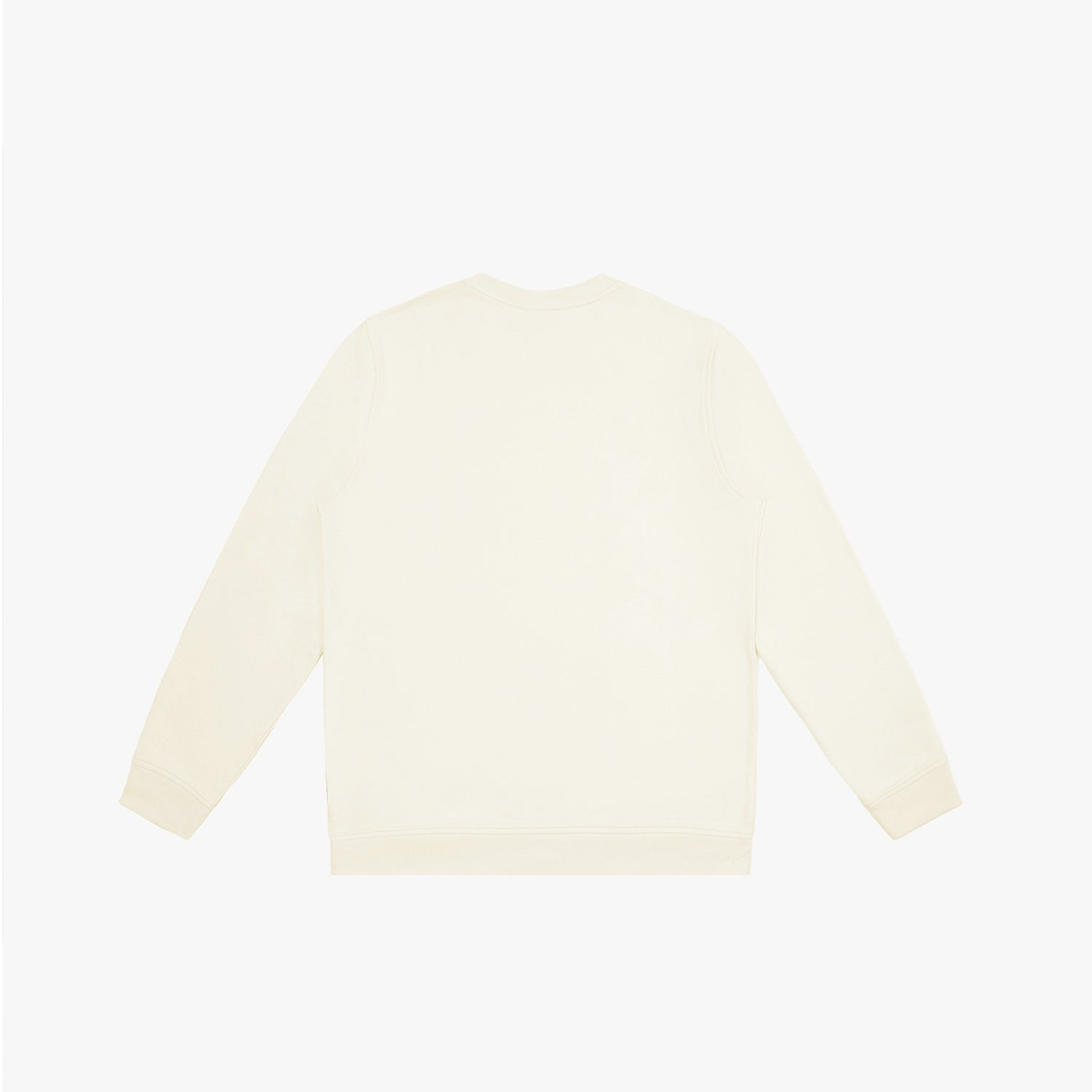 Flat-lay back view of a cream-colored sweatshirt, showcasing a minimalist design with long sleeves