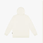 Flat-lay back view of a cream-colored hoodie, showcasing a minimalist design with a hood and long sleeves