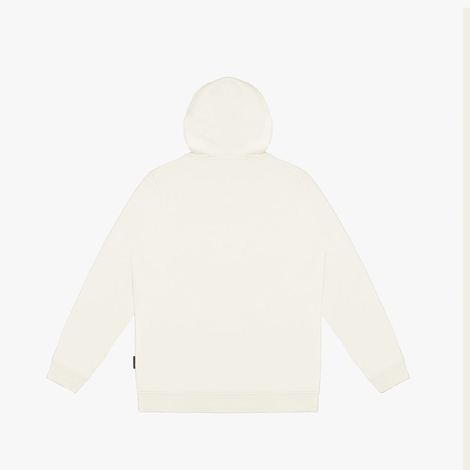 Flat-lay back view of a cream-colored hoodie, showcasing a minimalist design with a hood and long sleeves