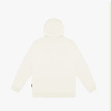 Flat-lay back view of a cream-colored hoodie, showcasing a minimalist design with a hood and long sleeves