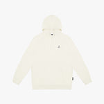 Flat-lay front view of a cream-colored hoodie, featuring a subtle embroidered logo on the chest and a drawstring hood