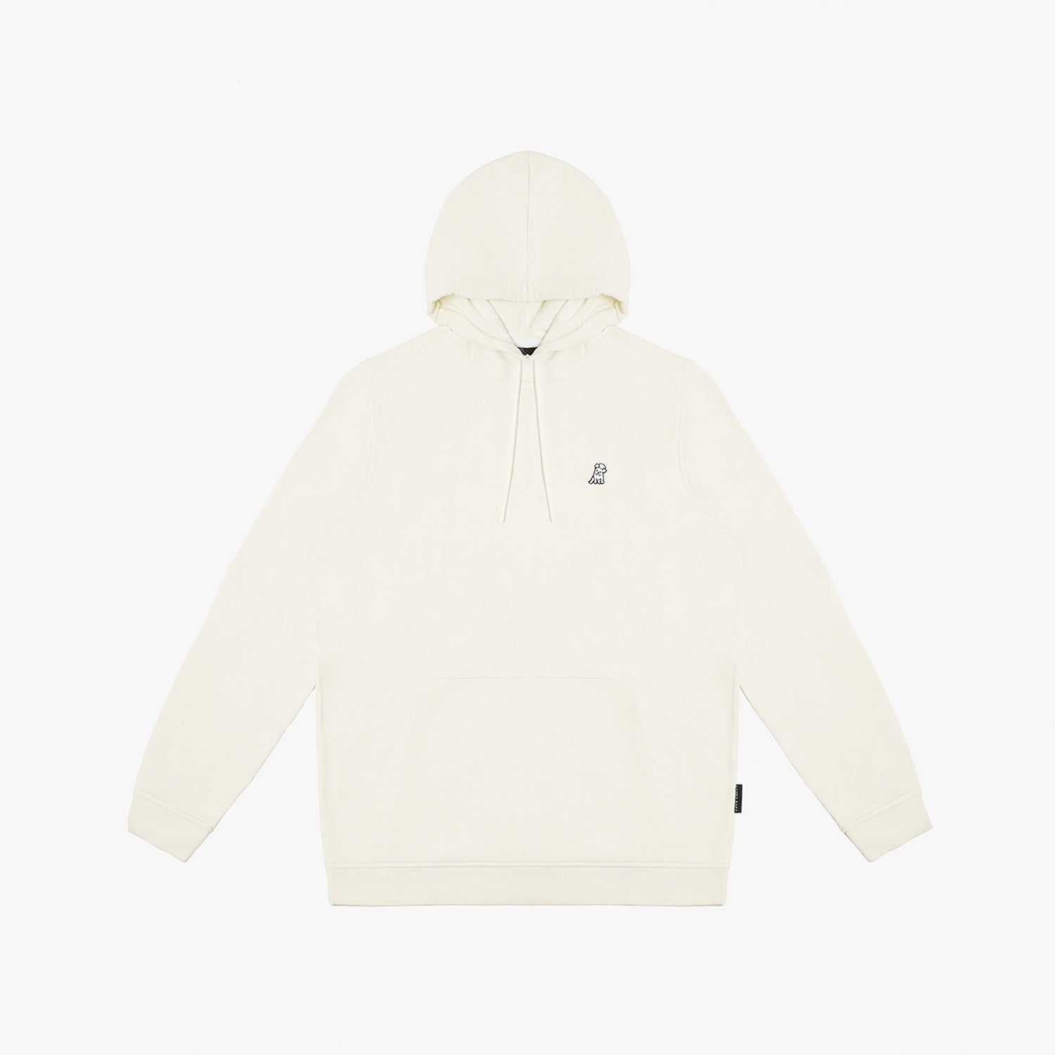 Flat-lay front view of a cream-colored hoodie, featuring a subtle embroidered logo on the chest and a drawstring hood