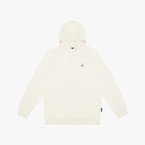 Flat-lay front view of a cream-colored hoodie, featuring a subtle embroidered logo on the chest and a drawstring hood