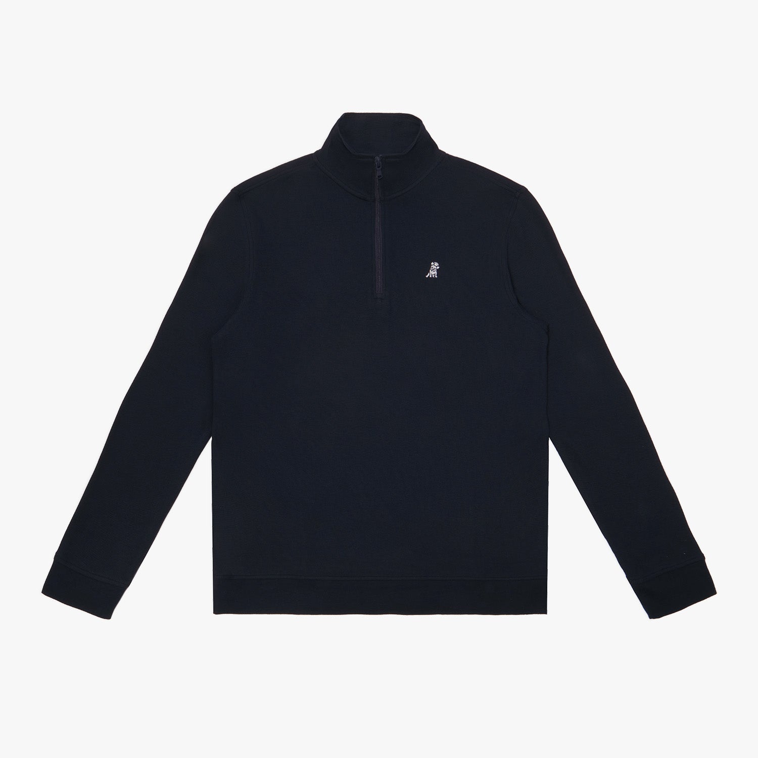 Navy blue long-sleeve quarter-zip pullover with a minimalist design. Features a high collar, a subtle navy zipper, and a small embroidered white dog logo on the chest