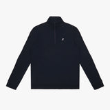 Navy blue long-sleeve quarter-zip pullover with a minimalist design. Features a high collar, a subtle navy zipper, and a small embroidered white dog logo on the chest