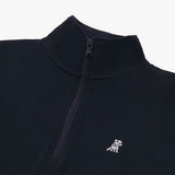 Close-up of a navy blue quarter-zip pullover featuring a high collar and a matching navy zipper. The chest area showcases a small embroidered white dog logo, adding a subtle contrast to the dark fabric