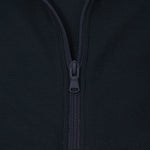 Extreme close-up of a navy blue quarter-zip pullover's zipper. The zipper pull is embossed with a small dog logo, blending seamlessly with the textured fabric