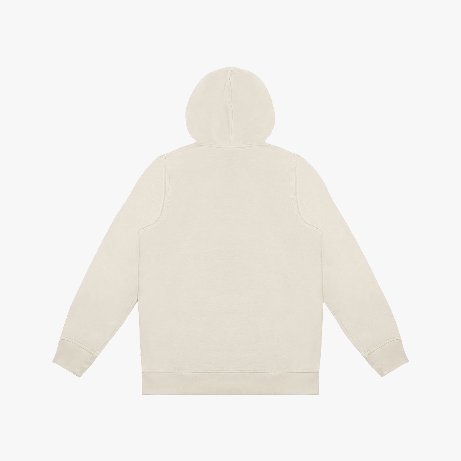 A plain beige hoodie viewed from the back, showcasing a clean and minimalist design. The hood is structured, and the long sleeves have ribbed cuffs for a snug fit. The hoodie features a relaxed silhouette with no visible logos or embellishments on the back, making it a versatile piece for casual wear.