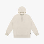 A minimalist beige hoodie with a relaxed fit, featuring a small embroidered logo of a dog on the left chest area. The hoodie includes a drawstring hood, ribbed cuffs, and a kangaroo pocket. The fabric appears soft and cozy, making it a versatile and stylish choice for casual wear. The neutral color enhances its timeless and modern appeal.