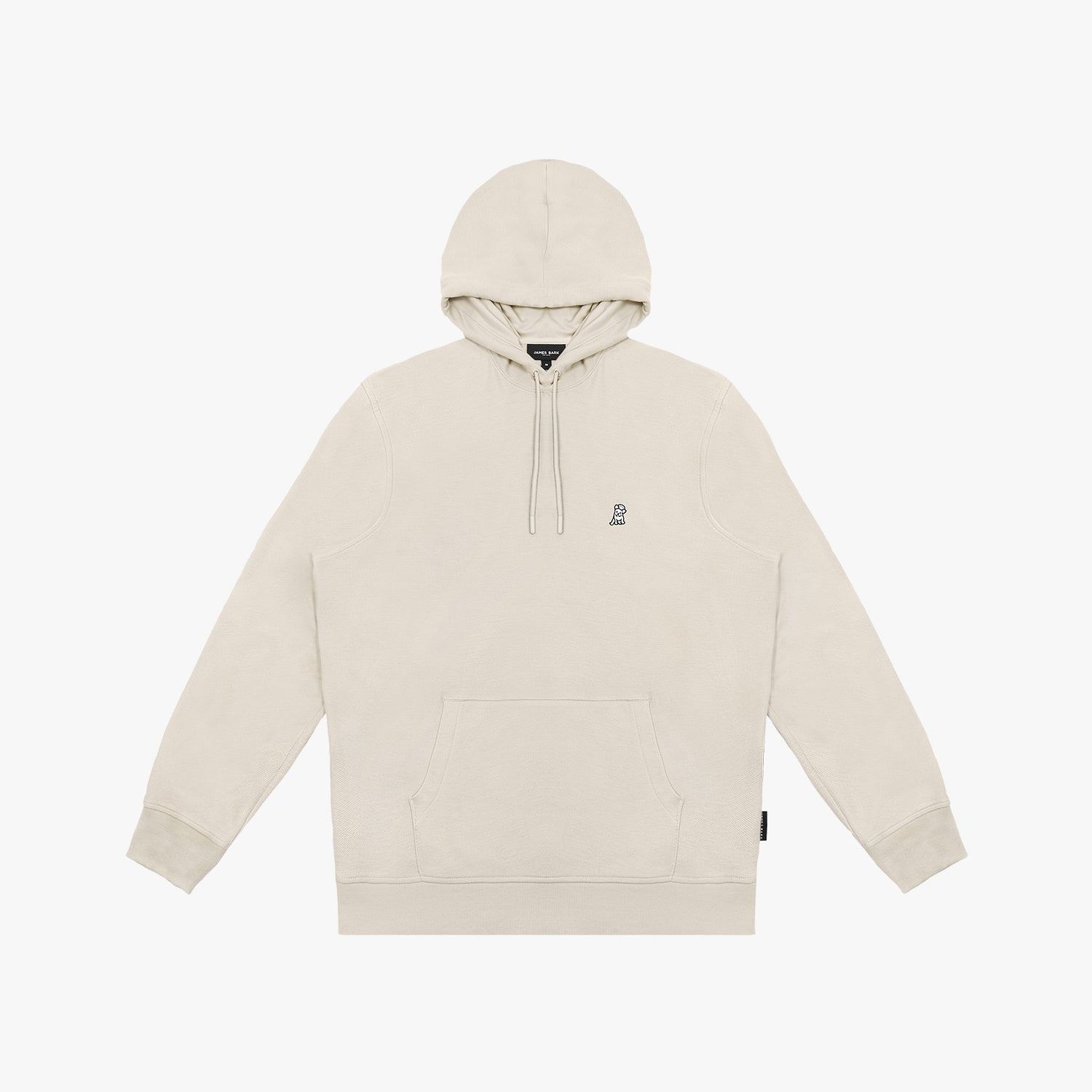 A minimalist beige hoodie with a relaxed fit, featuring a small embroidered logo of a dog on the left chest area. The hoodie includes a drawstring hood, ribbed cuffs, and a kangaroo pocket. The fabric appears soft and cozy, making it a versatile and stylish choice for casual wear. The neutral color enhances its timeless and modern appeal.