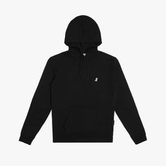 The hoodie is laid flat, featuring a kangaroo pocket, drawstrings, and a small embroidered logo on the chest.