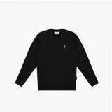 Flat lay image of the black crewneck sweatshirt with a simple and clean design.