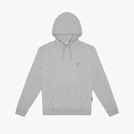 The hoodie is laid flat, featuring a kangaroo pocket, drawstrings, and a small embroidered logo on the chest.